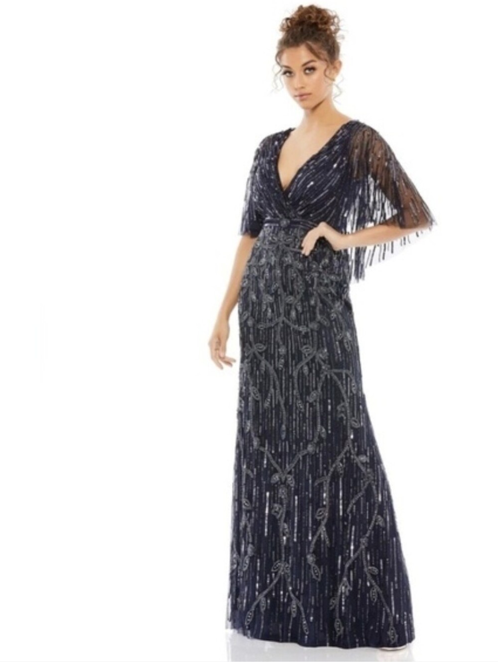 Mac Duggal NEW Navy Embellished Cap Sleeve Faux Wrap Trumpet Gown Size 10